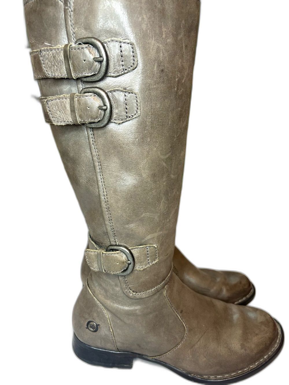 Born Attila Gray Taupe Leather Riding Moto Boots Buckle Women’s 6.5